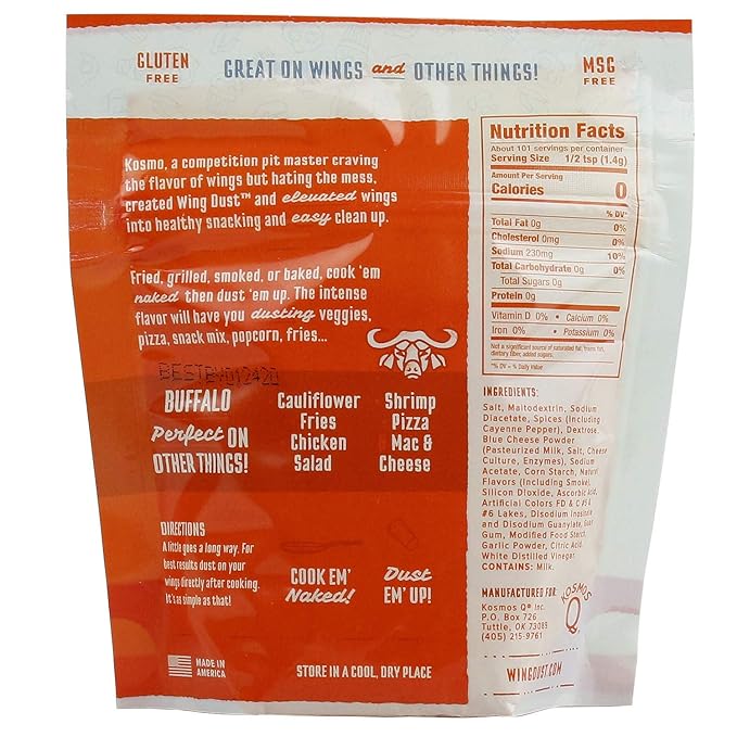 Kosmos Q Buffalo Wing Dust, Classic Buffalo Seasoning Powder For Chicken, Popcorn, Fries & More, Bold & Spicy Chicken Wing Seasoning, Dry Rub Dust for Grilling and Smoking, 5 Oz Shaker Bottle