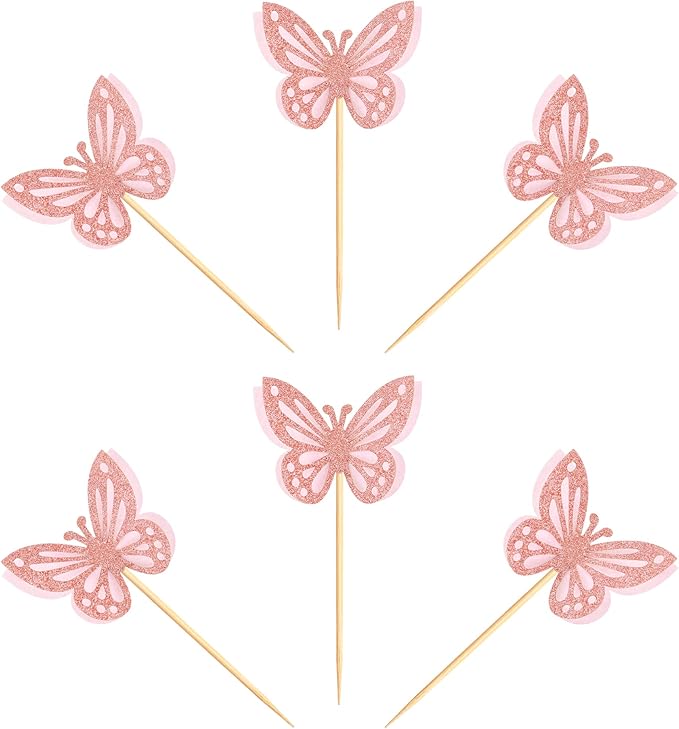 36PCS Butterfly Cupcake Toppers 3D Double Layers Hollow Cupcake Picks Baby Shower Cake Decorations Supplies for Butterfly Theme Wedding Anniversary Kids Birthday Party Light Pink