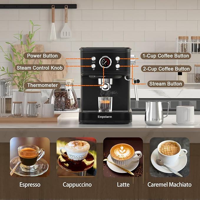 Black Espresso Machine with Milk Frother, Cappuccino Machines for Home, Coffee Espresso Machine Suitable for Coffee Powder/NS Original Capsules, Espresso Maker with Thermometer