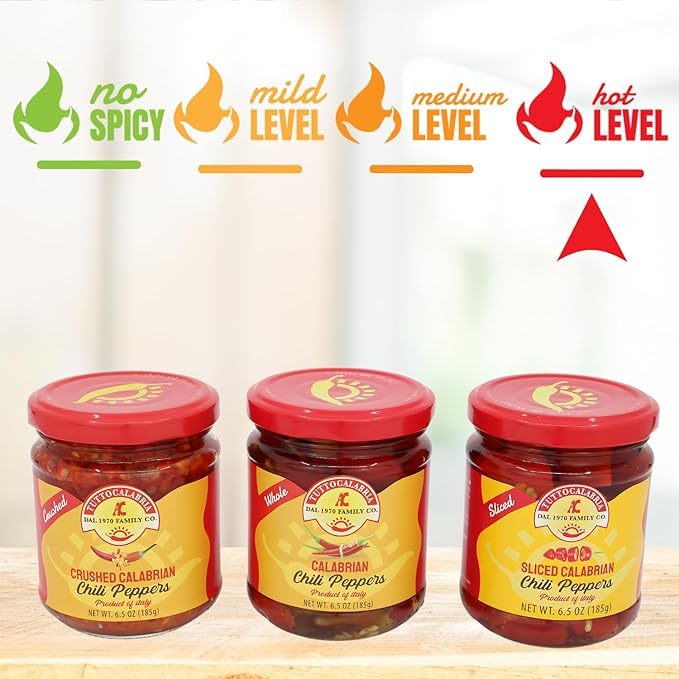 TUTTOCALABRIA Gift Set, Variety 3 Pack, Crushed, Sliced, Calabrian Chili Pepper Gift Set (3 Pack X 6.5oz) Non GMO, Product of Calabria, Italy