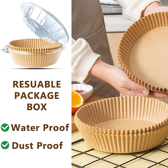 200PCS Air Fryer Liners Disposable: Round 7.9 Inch Non-Stick Airfryer Paper Liners - Food Grade Parchment Paper for 5 6 7 8 QT Air Fryer Baking and Roasting - Waterproof and OilProof (10 Inch on Top)
