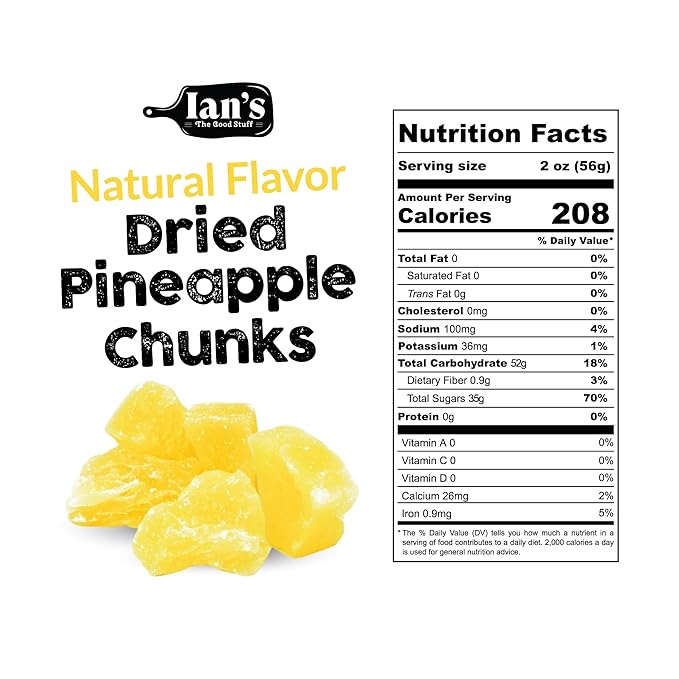 IAN's Dried Pineapple Chunks (2lb) Sweetened With Natural Cane Sugar - Dehydrated Pineapple Chunks, Candied Pineapple, Dried Fruit Energy Snacks
