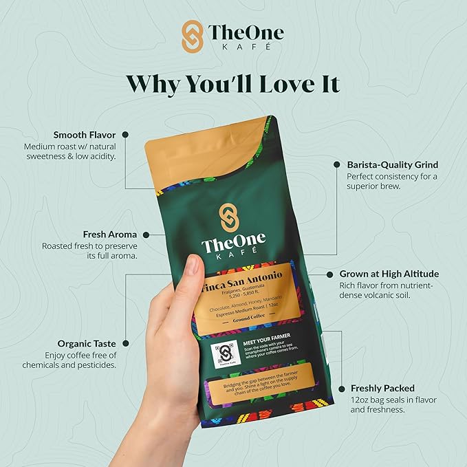 TheOne Kafé Guatemala Medium Roast Ground Coffee ??Organic, Single Origin, Premium Specialty Coffee, Ethically Sourced, Smooth & Rich Flavor ??Fresh Roasted for Espresso, Drip, Pour Over ??12 oz