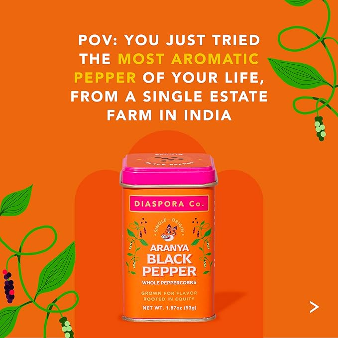 Diaspora Spice Co. Aranya Black Pepper | Single-Origin Whole Black Peppercorns for Grinder Refill | Fresh & Hand-Harvested | 53g Everyday Tin