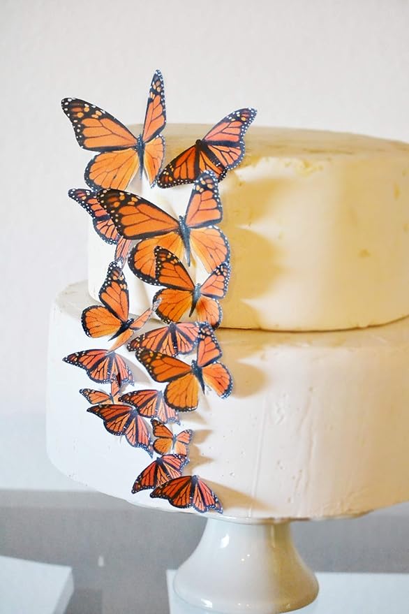 NEW - Edible Butterflies Assorted Set of 15 - Wafer Cake & Cupcake Toppers - edible butterflies for cake decorating - butterfly decorations (Orange Monarch)