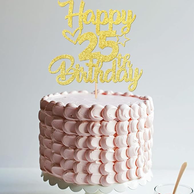 1 Pack Happy 25th Birthday Cake Topper Glitter Heart Star 25 Fabulous Cake Pick Birthday Sign Cake Decorations for Children 25th Birthday Theme Party Supplies Gold