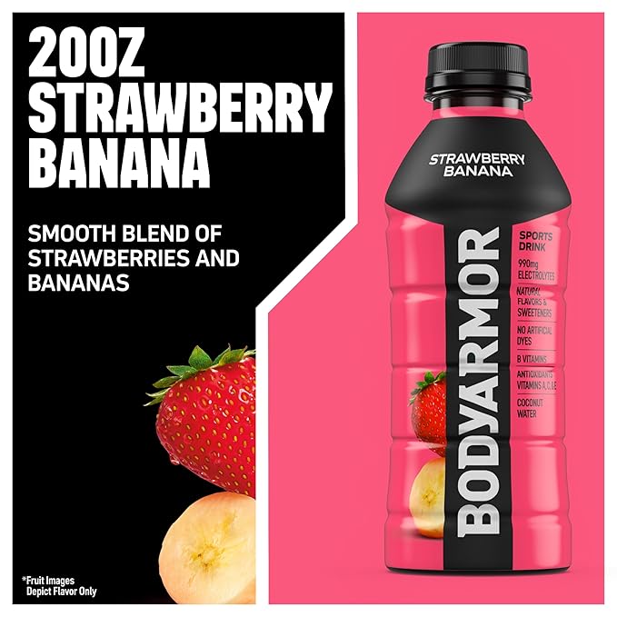 BODYARMOR Sports Drink Sports Beverage, Strawberry Banana, Coconut Water Hydration, Natural Flavors With Vitamins, Potassium-Packed Electrolytes, Perfect For Athletes, 20 Fl Oz (Pack of 6)