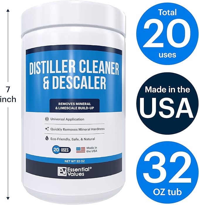 Essential Values Citric Acid Powder Cleaning for Water Distillers - Bulk 2 LBS Universal Descaler for Distilling Machines, Kettles & More - Remove Limescale & Mineral Buildup Fast