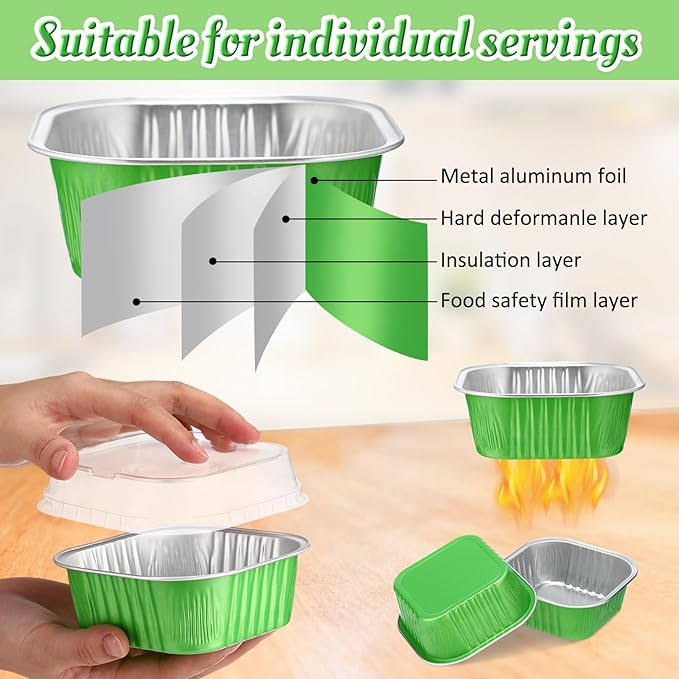 Aoriher 300 Pieces 10 oz Mini Cake Pans with Lids, Aluminum Foil Baking Cups, Square Disposable Cupcake Cups Baking Tins for Wedding Birthday Party Supplies(Green)
