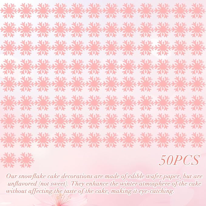50pcs Edible Snowflake Cupcake Toppers ??Edible Cake Decorations & Snowflake Cake Decorations for Christmas, Winter & Any Party (Pink)