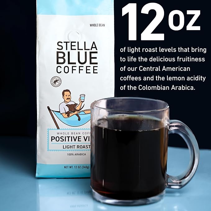 Stella Blue Whole Bean Coffee, Positive Vibes Blend, Light Roast, Vanilla and Fruity Notes, 100% Arabica, Ethically Sourced from Central and South America, 12 oz bag