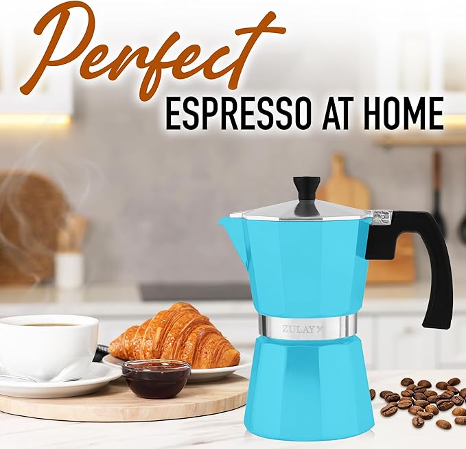 Zulay Premium Moka Pot Espresso - Leak-Proof Stovetop Espresso Maker - Perfect for Authentic Cuban & Italian Style Espresso - Makes 6 Espresso Cups - Light Blue