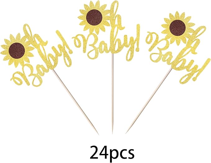 YCTHUNFISH 24 Pack Gold Glitter Sunflower Baby Shower Cupcake Toppers