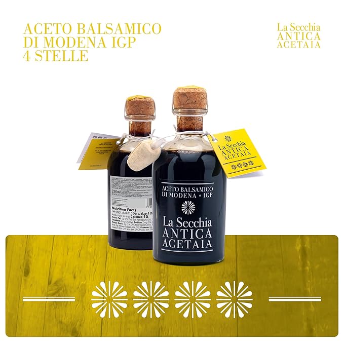 La Secchia - Balsamic Vinegar of Modena PGI "Four Stars", Aged in 16 Juniper Barrels, Medium-High Density, 250 ml Bottle with Cork Pourer