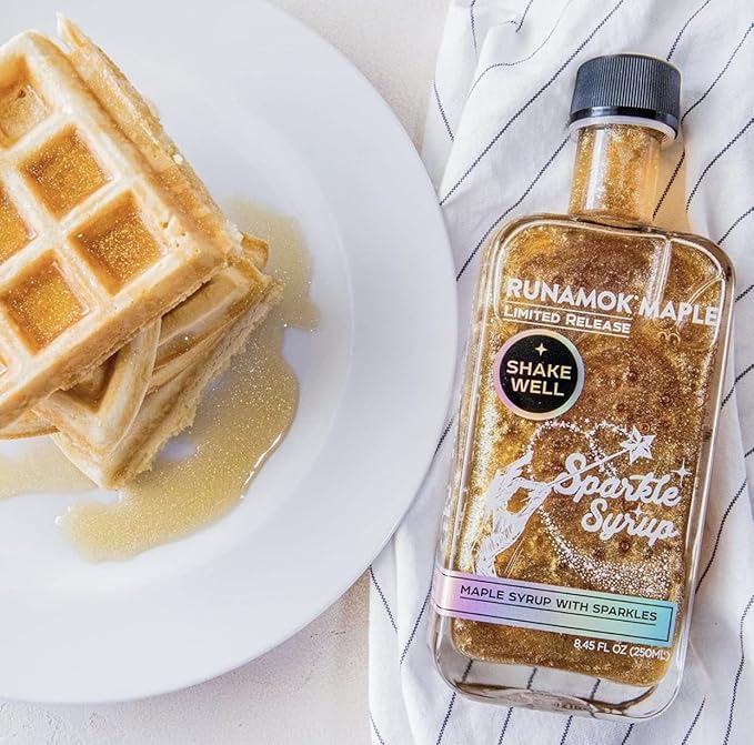 Runamok Sparkle Syrup - Maple Syrup Infused with Edible Sparkles, Perfect Pancake Syrup, Fun Vermont Maple Syrup for Beverages, Fresh Fruit & Dessert Toppings | 8.45 Fl Oz (250mL)