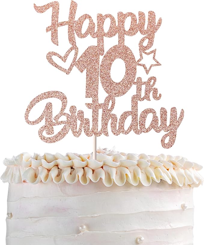 1 Pack Happy 10th Birthday Cake Topper Glitter Heart Star 10 Fabulous Cake Pick Birthday Sign Cake Decorations for Children 10th Birthday Theme Party Supplies Rose Gold