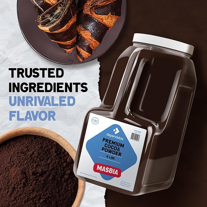 Dependable Foods Premium Cocoa Powder - 4 Lb. Jar - Dutch Processed - Bulk, Kosher, Rich Chocolate Flavor ??Allergen-Free, Gluten-Free, Non-GMO