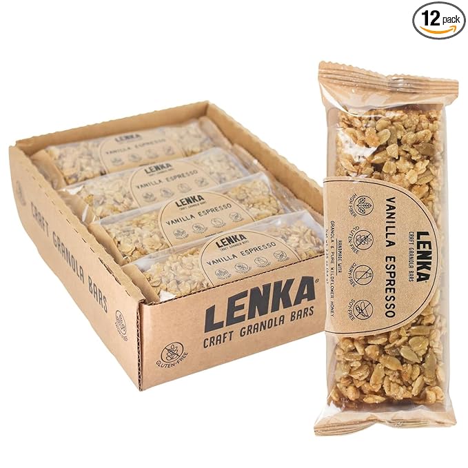 Lenka Bars - Vanilla Espresso Snack Bars, Gluten Free, High Fiber, Kosher, Wholesome, No Artificial Flavors, Individually Wrapped - 12 Pack