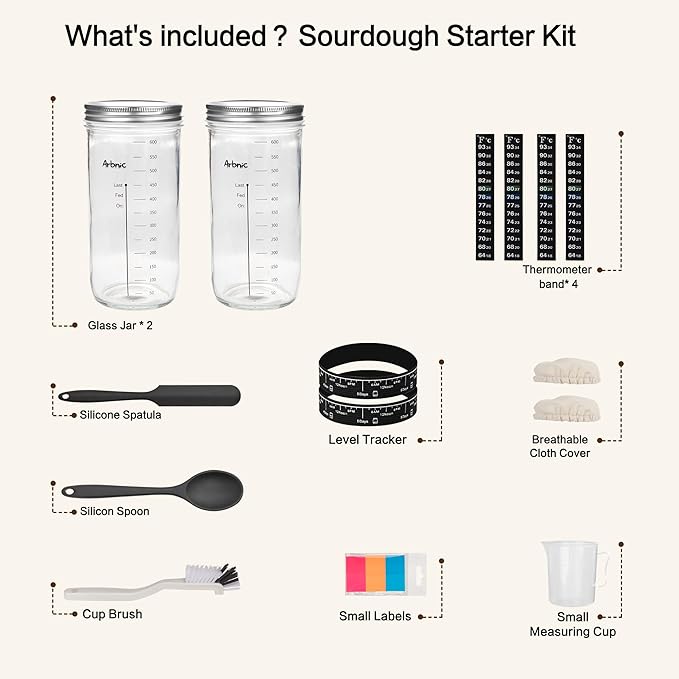 Sourdough Starter Kit with 2 Starter Jars, Sourdough Bread Baking Supplies Included Thermometer Band, Level Tracker (with 2 Jars)