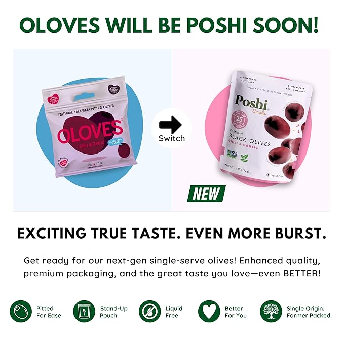 Poshi Marinated Kalamata Style Pitted Olives | Chili & Garlic | Vegan, Kosher, Gluten Free + Keto Friendly, Fresh, All Natural Low Calorie Healthy Snacks | (30 Pack, 1.1oz Bags)