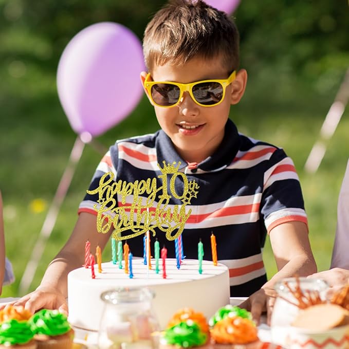 10th Happy Birthday Cake Topper, Glitter Happy 10th Birthday Cake Topper for Birthday Party Cake Decoration(Gold)