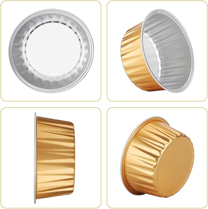 EUSOAR Aluminum Foil Cups, 5 oz 60pcs Baking Cups with Lids, 125ml Snacks Desserts Flan, Cupcake Pie Ramekin, Catering Gathering Club Shower Party Favor Baking Cups-Lake Blue+Gold