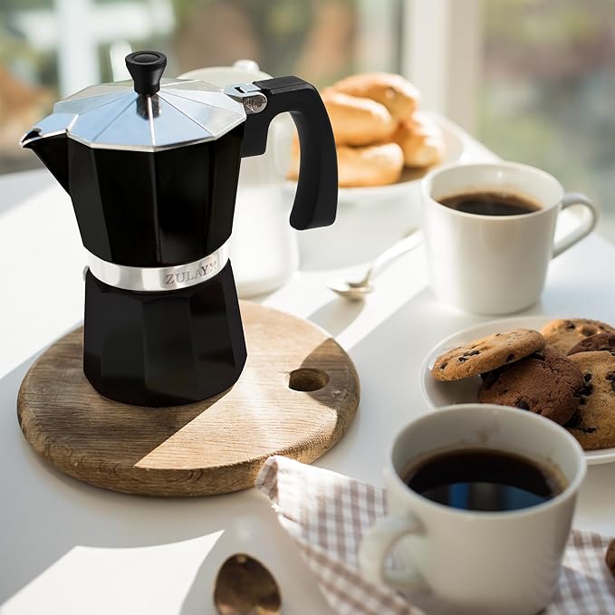 Zulay Moka Pot Espresso Stovetop Coffee Maker - Leak-Proof, Stainless Steel, Easy to Clean, Heat Resistant Handle & Knob - for Authentic Cuban & Italian Style Espresso - Makes 6 Espresso Cups - Black