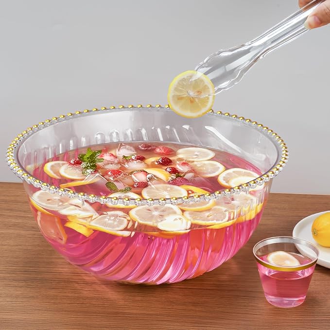 NiHome Large Plastic Punch Bowl with Ladle, Tongs and 25 Gold-Rimmed Cups for Wedding, Birthday, BBQ, Baby Shower, Holiday, 1.7 Gallon Reusable Clear Party Bowl Set for Drinks, Salads, Snacks & More