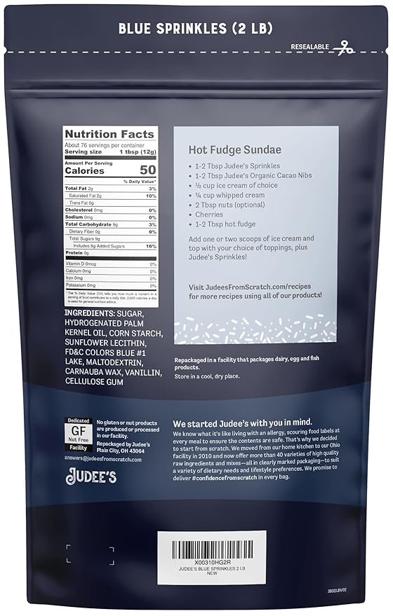 Judee's Gluten Free Blue Sprinkles 2 lb - Gluten-Free and Nut-Free - Brighten Up Your Baked Goods - Great for Cookie and Cake Decoration - Use for Baking and as Dessert and Ice Cream Toppings