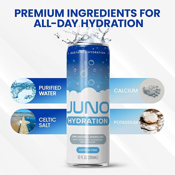 JUNO HYDRATION Unflavored Sparkling Drink - Sugar Free Electrolytes, Enhanced with Celtic Salt, Potassium & Calcium - Premium Refreshing Beverage, 12 Pack