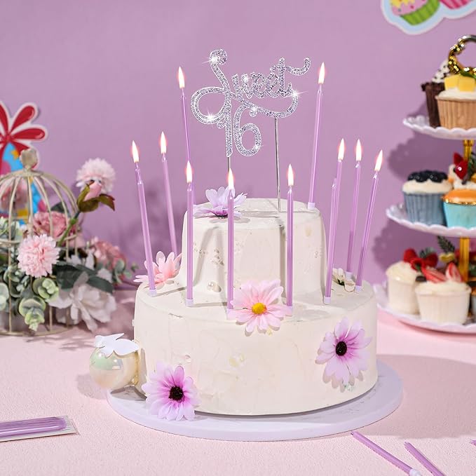 Tondiamo Sweet 16 Birthday Decorations Rhinestone Sweet 16 Cake Toppers 20 Pcs Metallic Happy Birthday Candles 16 Cake Decorations for Cupcake Decor(Purple)