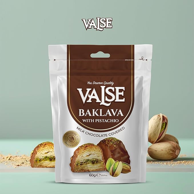 Chocolate Covered Turkish Baklava with Pistachios, Milk Chocolate Covered Freeze Dried Turkish Baklava with Pistachios, 2.47 oz Chocolate Covered Fruit, Chocolate Dipped Turkish Baklava with Pistachios (Mini, Baklava)