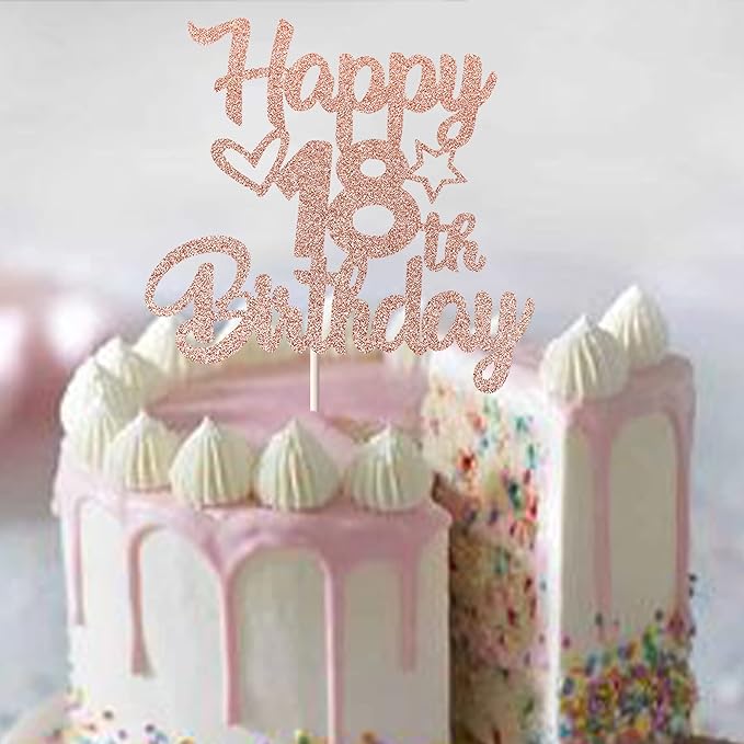 1 Pack Happy 18th Birthday Cake Topper Glitter Heart Star 18 Fabulous Cake Pick Birthday Sign Cake Decorations for 18th Birthday Theme Party Supplies Rose Gold