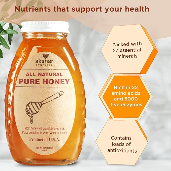 Akshar Ayurveda - 16 Oz Pure Honey (454 Grams) - All Natural USA Honey - Smooth & Easy to Pour, Stored in Glass Jar - Natural Superfood Ingredient for Cooking, Baking or Eating Raw