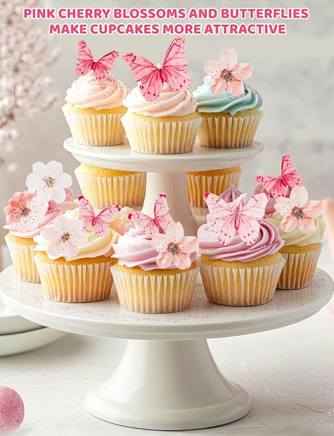 90PCS Wafer Paper Flowers Butterfly Cupcake Toppers, Cherry Blossom Cake Topper for Baby Shower Wedding Birthday Party Cake Food Decorations Supplie