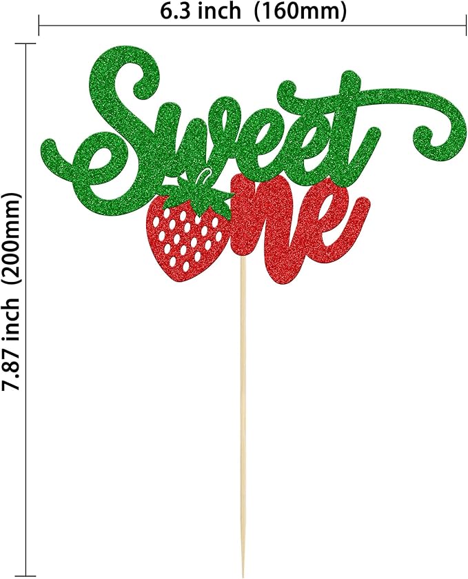 1Pc Strawberry 1st Birthday Cake Topper Red Glitter Sweet One First Birthday Strawberry Cake Pick Decoration for Sweet Fruit Theme Baby Shower Kids Birthday Party Supplies