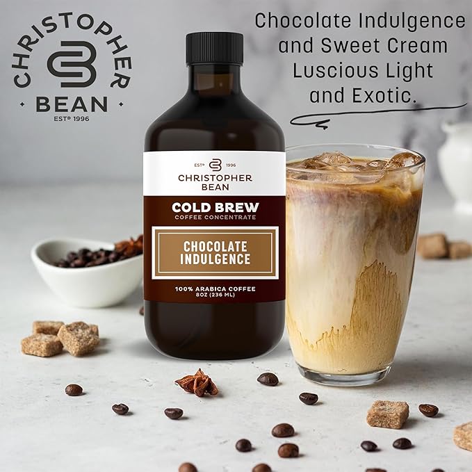 Christopher Bean Hand Crafted Chocolate Indulgence Flavored Coffee - Unsweetened Cold Brew & Iced Instant Coffee Distillate Liquid Java - Indulgence Coffee Beans Extract 100% Arabica, (8-Ounce), 236 ml