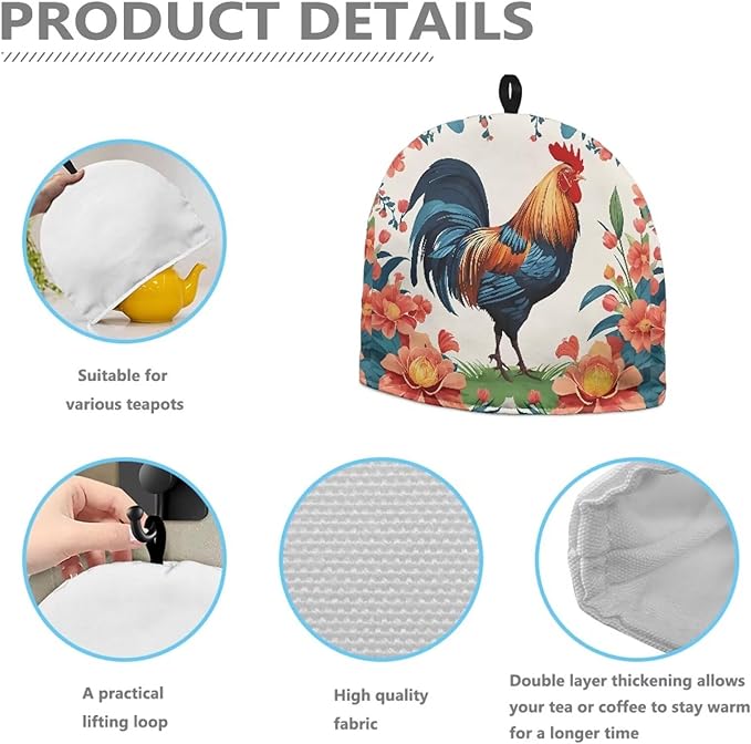 Rustic Farmhouse Teapot Dust Cover Tea Cozy for Teapot,Foldable Kitchen Kettle Dust Cover Tea Pot Decorative Cover for Kitchen,Tea Cosy with Vibrant Rooster (White)