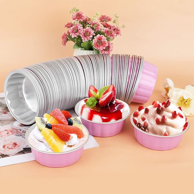 Beasea Aluminum Cups for Baking, 8 oz 100 Pack 3.9" 235ml Disposable Ramekins Bake Ramekin Cup Muffin Cupcake Baking Mini Pudding Cups for Party Wedding Birthday - Pink