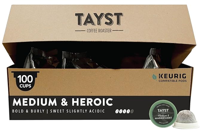 Tayst Coffee Pods, Medium & Heroic Medium Roast, K Cups Compatible with Keurig Coffee Maker, Sustainable Single Serve, Pack of 100