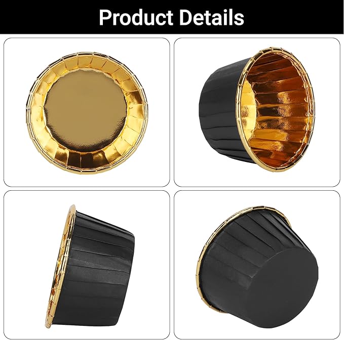 EUSOAR Black Cupcake Liners, 100pcs 3.5oz Mini Cheesecakes Cups Disposable Ramekins, Aluminum Foil Wrappers Paper Cupcake Containers Muffin Dessert Holders for Birthday Wedding Party-Black/Gold