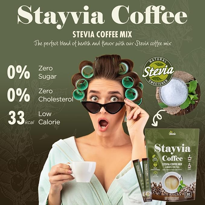 STAYVIA COFFEE Stevia Instant Coffee Packets - Korean Instant Latte with Sugar-Free & Low Calories - 60 Sticks (0.33oz) - Plant-Based Sweetener - Enjoy Caffeine Hot & Cold at Office, Home & Travel