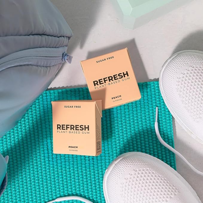 Refresh Gum, Xylitol, Natural, Sugar Free, Long Lasting, Plastic Free, Natural Flavors & Organic Ingredients, Plant-Based, Low Calorie, Non GMO, Gluten Free, Vegan, Peach Flavor, 12 Pieces, 12 Pack