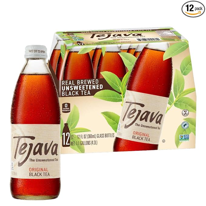 Tejava Original Black Iced Tea, 12 Pack, 12oz Glass Bottles, Unsweetened, Non-GMO, Kosher, No Sugar or Sweeteners, No calories, No Preservatives, Brewed in Small Batches
