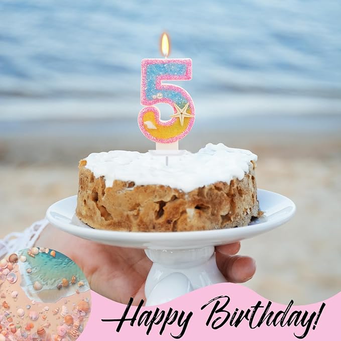 5th Birthday Candle for Cake, Pink Beach Starfish Sequins Number Cake Candles, 2.76 inch Pink Cake Topper Decoration for Birthday Party (Number 5)