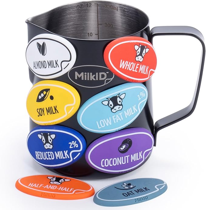 Milk Frothing Pitcher with 8 Allergen Silicone Snap-On Labels | Must-Have Barista Tool | Coffee Bar Accessories & Espresso Accessories Kit | (12oz / Black Pitcher + Labels)