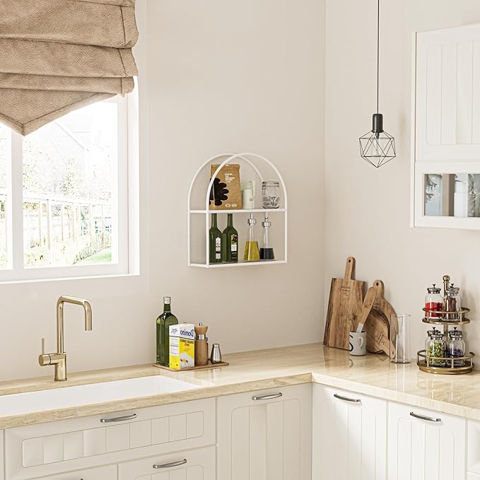 Crofy White Arched Frame Wall Shelf, Decorative 2 Tier Bathroom Wall Shelf with Transparent Tempered Glass Shelves and Robust Storage Capacity, 6" D x 17.9" W x 19.18" H