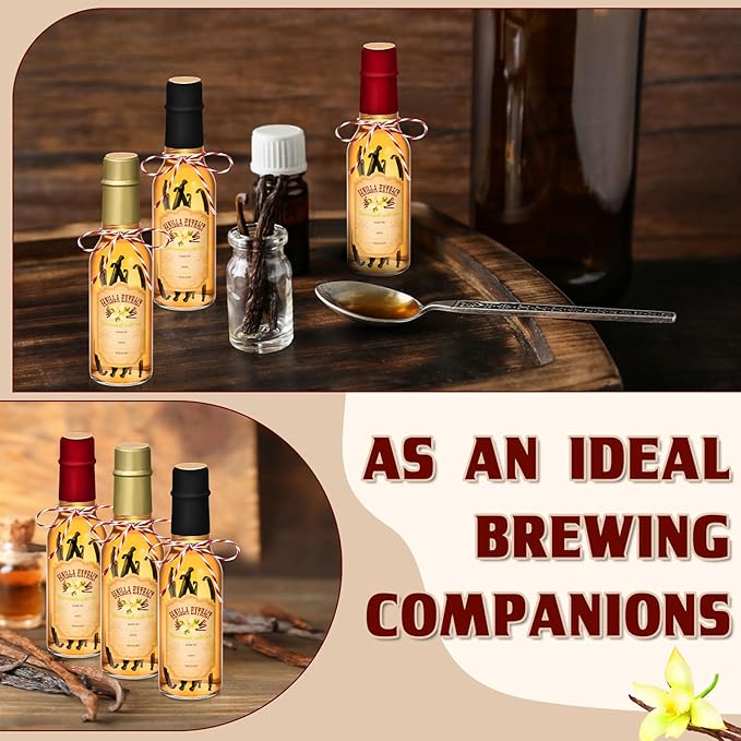 Tioncy 16 Pcs Vanilla Extract Bottles for Homemade Vanilla Jar Glass Bottle with Cap, Shrink Band, Sticker Syrup Gift Food Storage Canister for Bean Sauce Spice(Black, Red, Gold,3 oz)