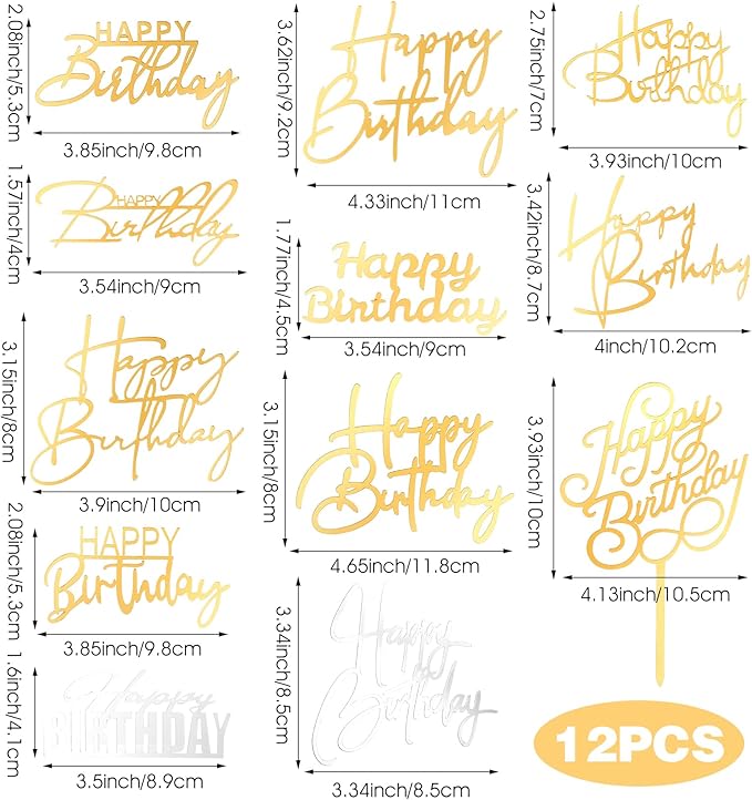 12PCS Gold Happy Birthday Cake Topper, Side Mirror Acrylic Happy Birthday Cake Topper with Gold and Silver Accents for Cupcake and Party Supplies