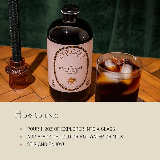 Explorer Cold Brew Organic Liquid Coffee Concentrate, Daydreamer Decaf, Drink Iced or Hot, 32 fl oz, Makes 20+ Cups